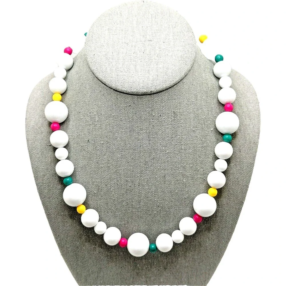 Vintage 1980s White Gumball Bead Necklace Multicolor Accents Statement Retro 20